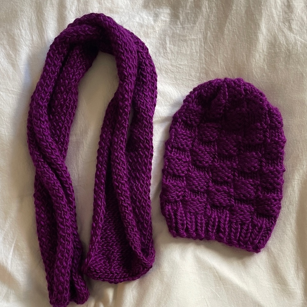 FREE w $10 min! Hand Knit Cozy Purple Knit Hat and Infinity Scarf Set